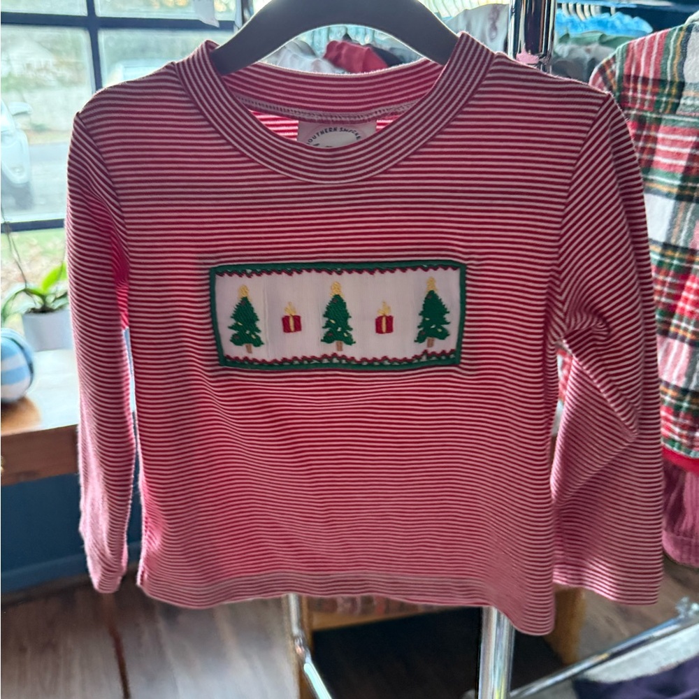 Holiday Red Striped Kids Long Sleeve Tee with Tree Design